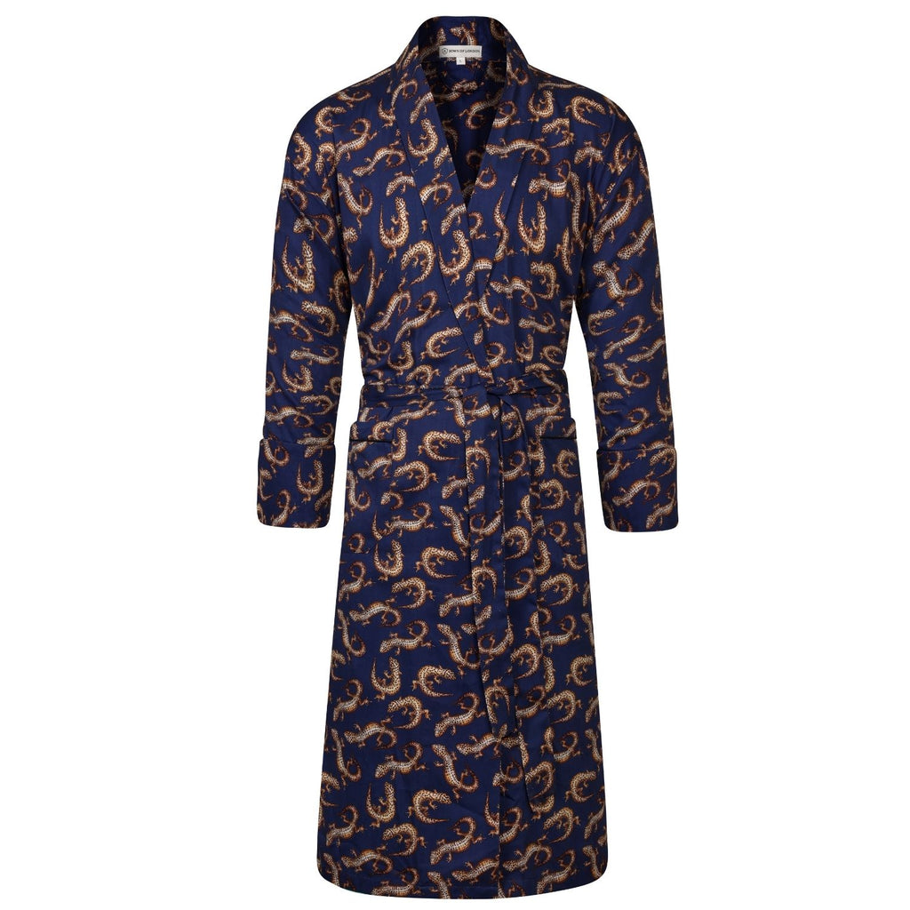 Lightweight Men's Dressing Gown front - Gekko Navy | Bown of London
