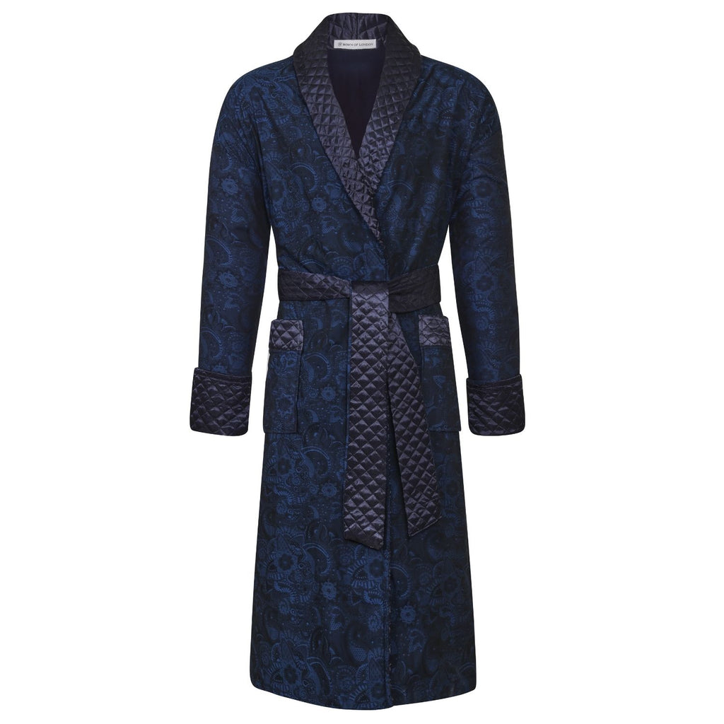Sherlock men's smoking jacket in navy paisley – long smoking robe for men