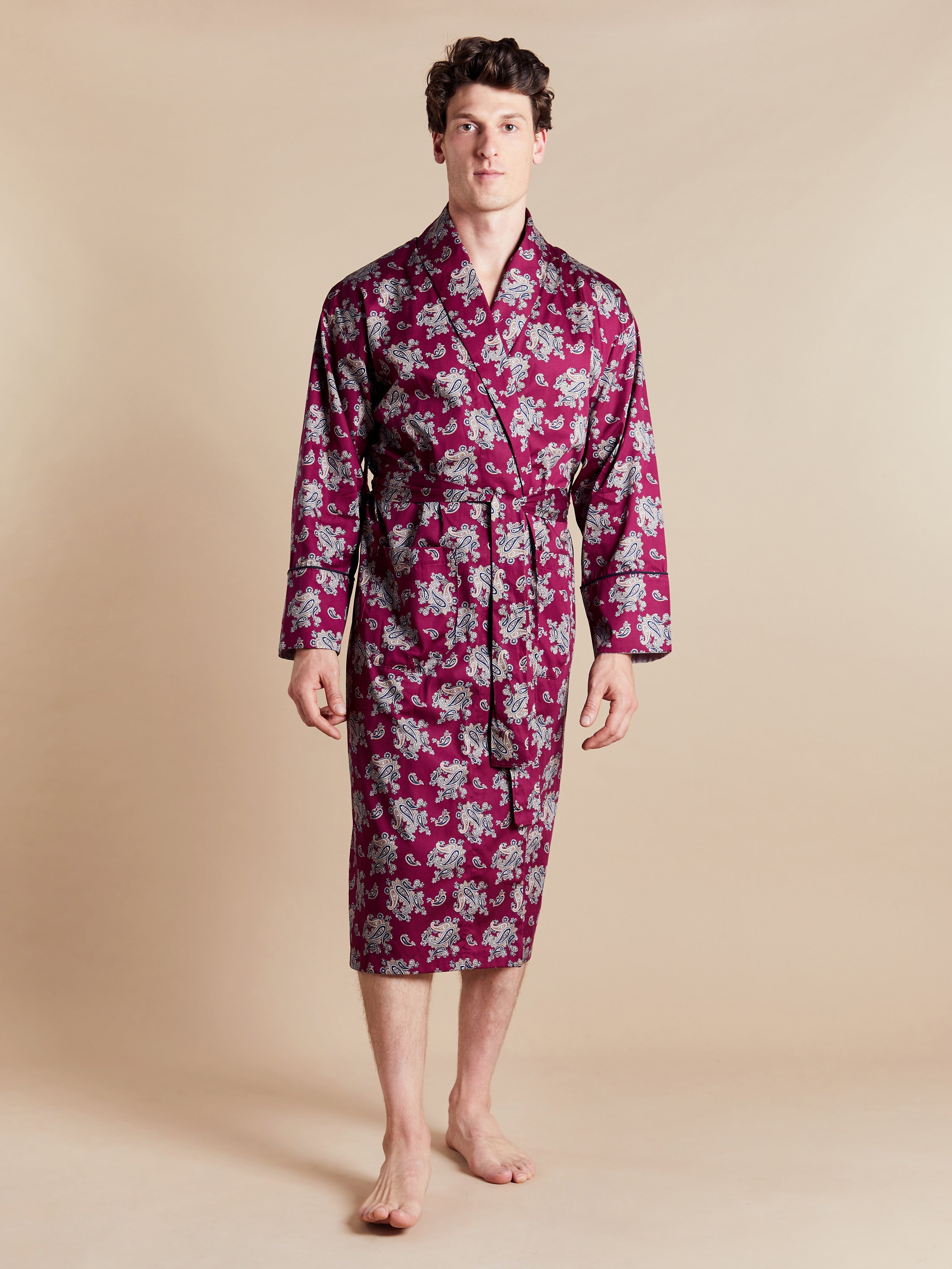 Lightweight Men's Dressing Gown model photo front - Gatsby Paisley Wine | Bown of London