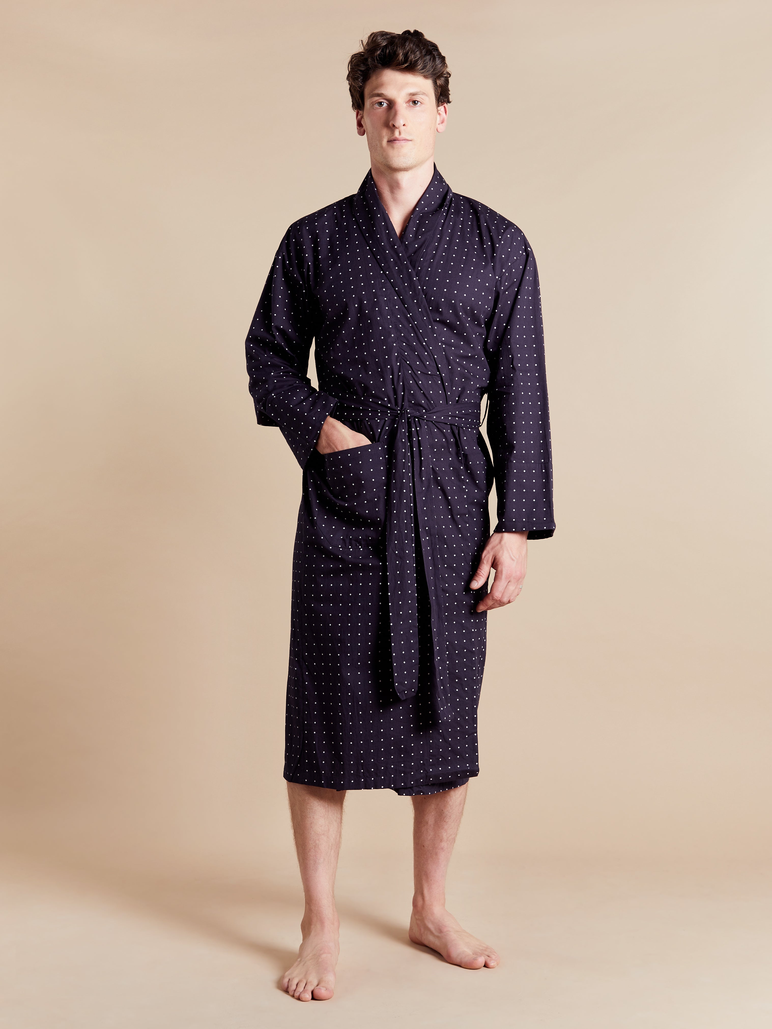 Lightweight Men's Dressing Gown model photo front - Atlas Grey | Bown of London