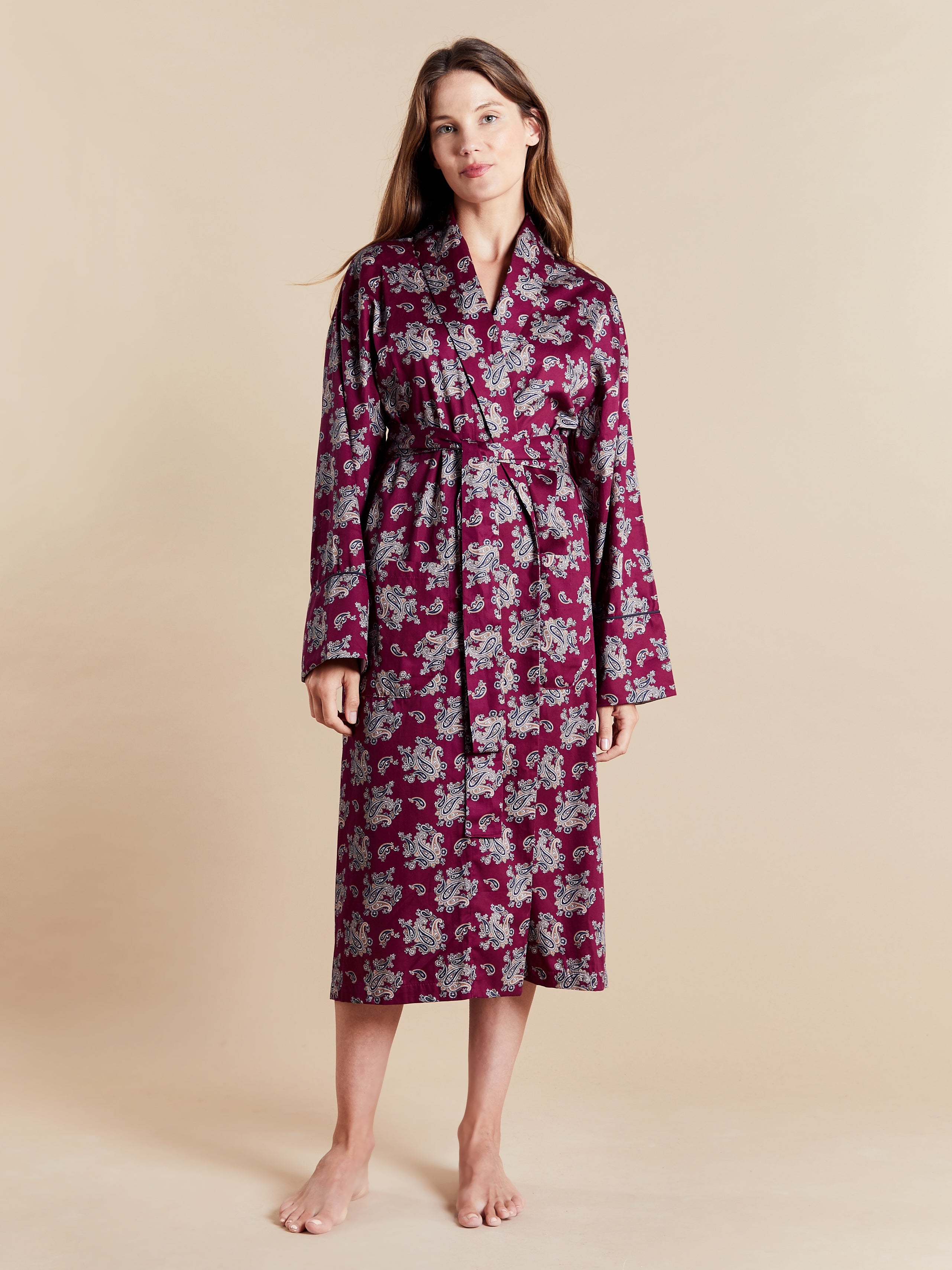 Lightweight Dressing Gown model photo front - Gatsby Paisley Wine | Bown of London