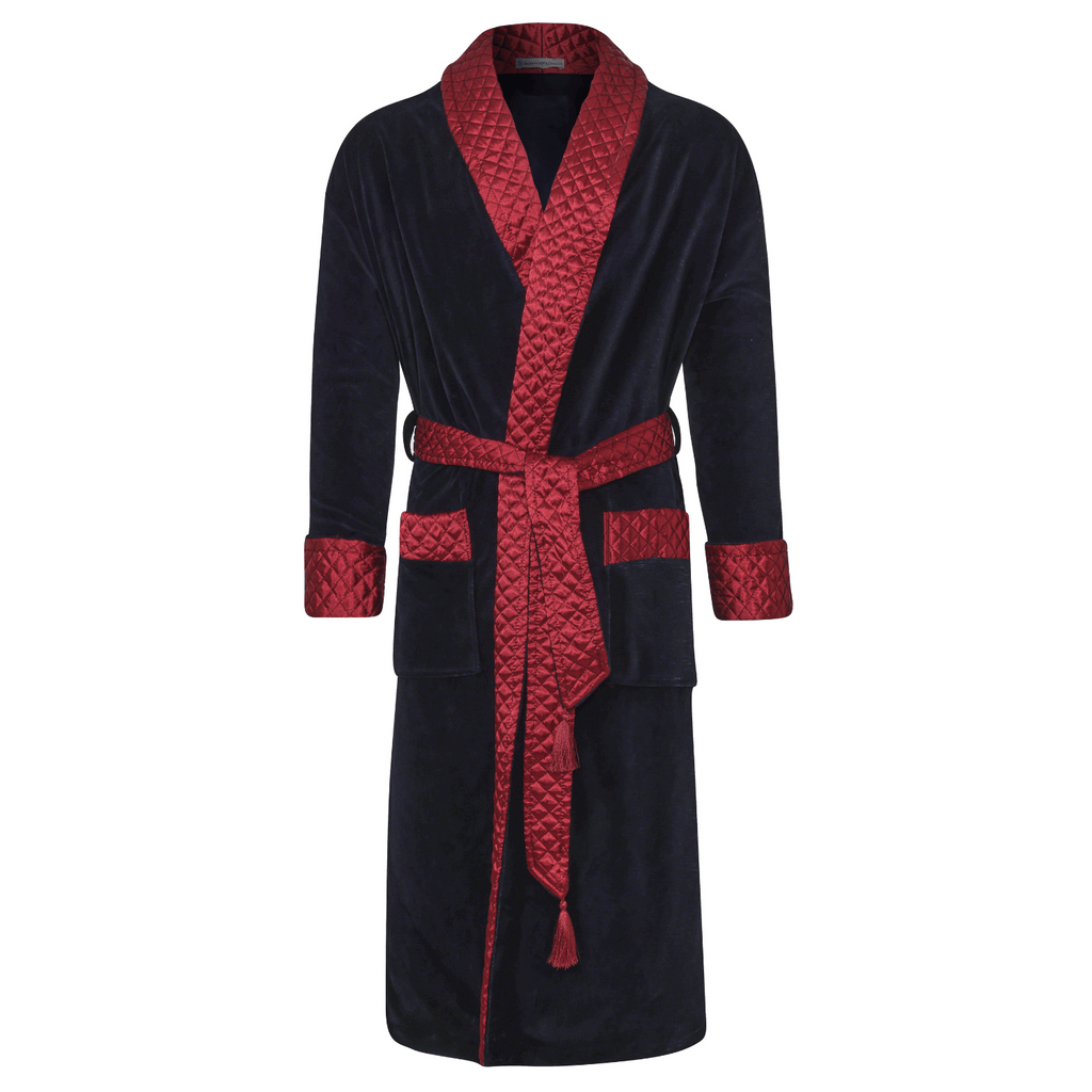 Mayfair men's smoking jacket in navy – long velvet smoking robe for men