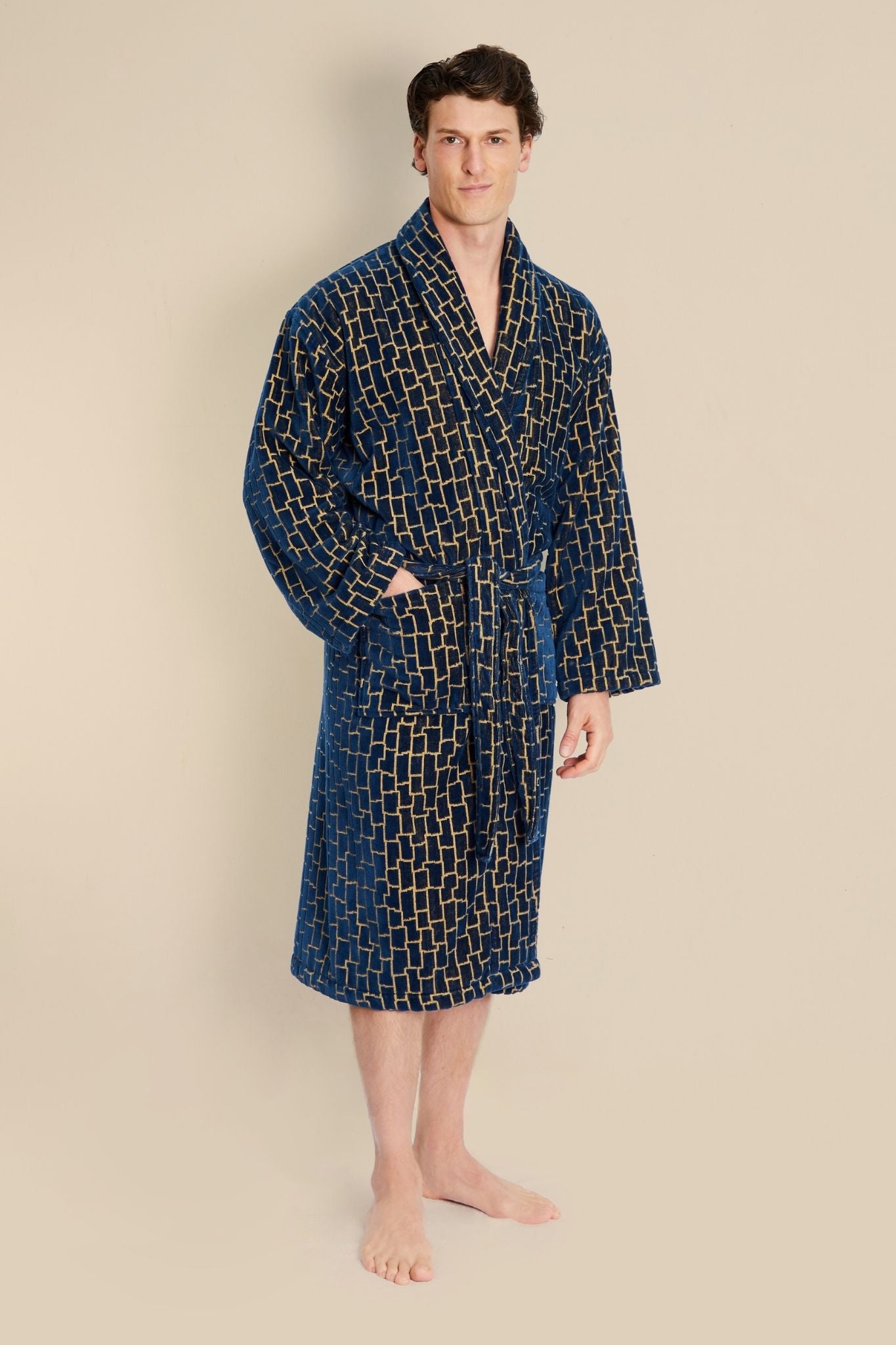 Agean Men's Patterned Dressing Gown - Model Front | Bown of London