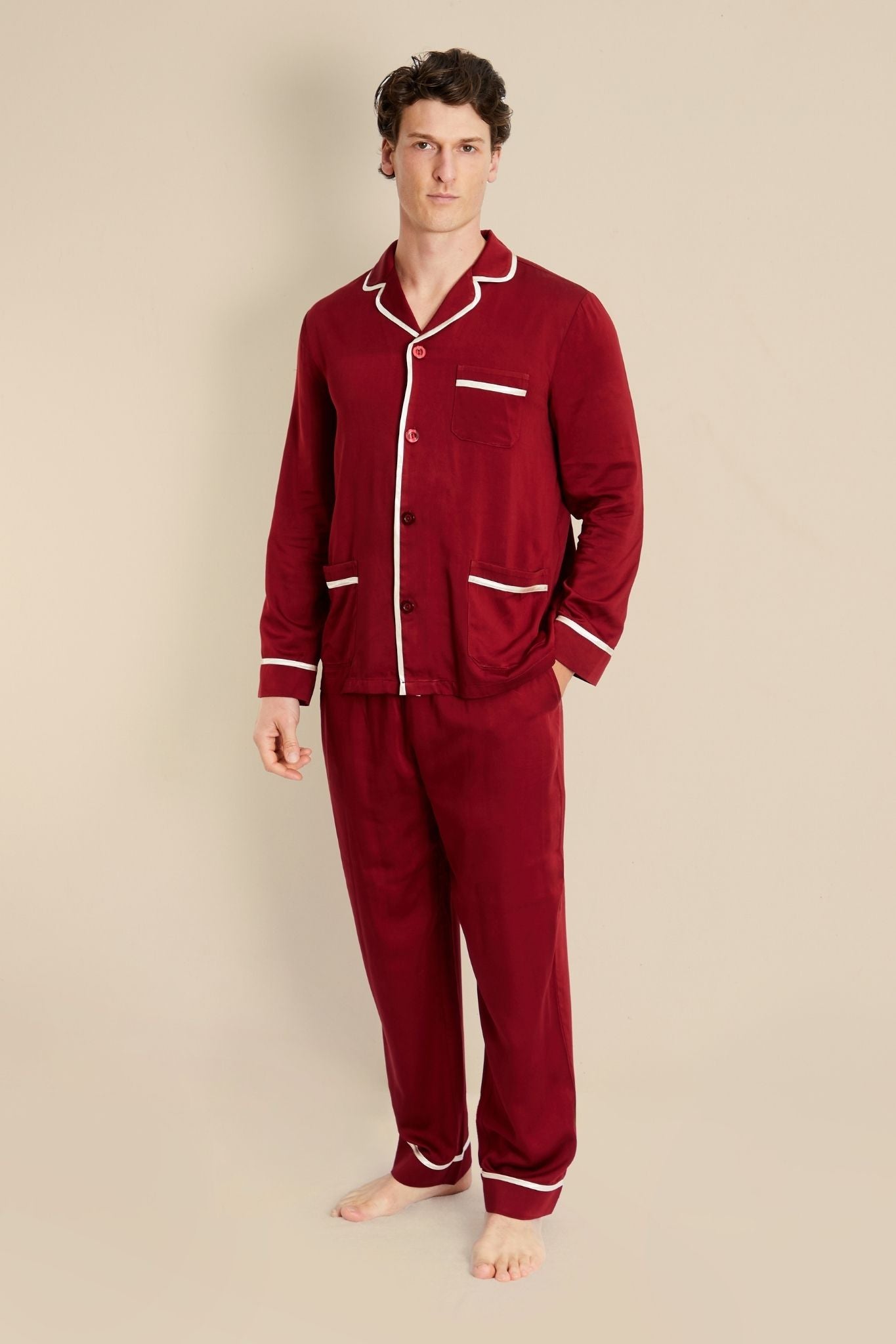 Apollo Mens Red Satin Pyjamas - Model Front | Bown of London