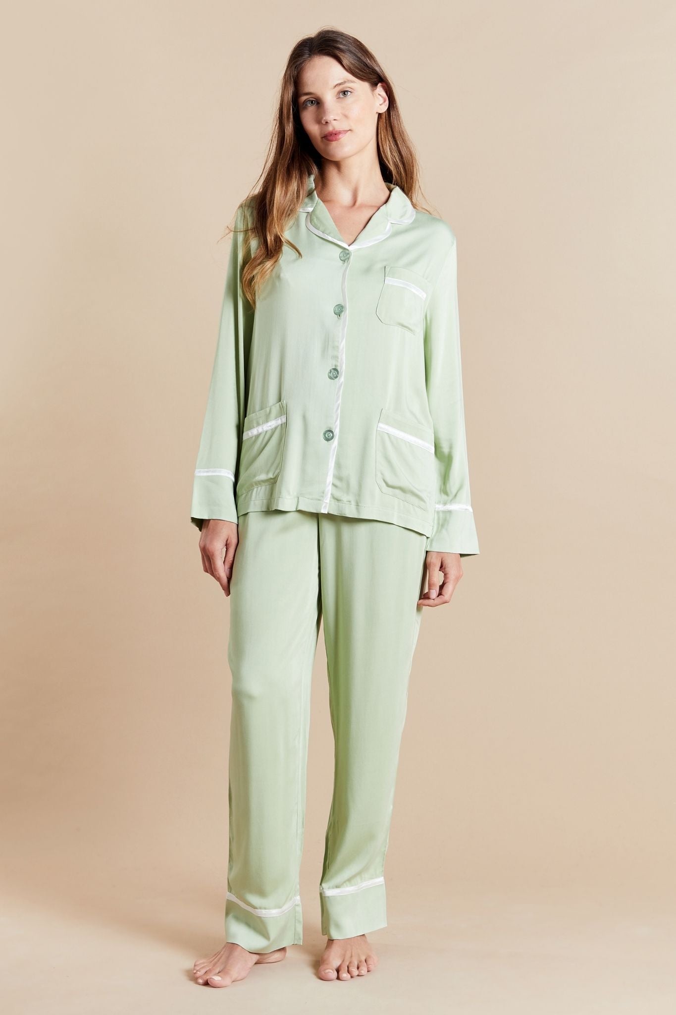 Demeter Womens Green Satin Pyjamas - Model Front | Bown of London