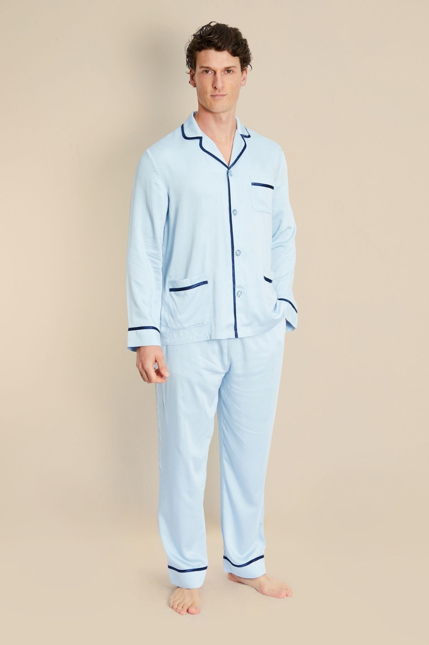Hades Mens Light Blue Satin Pyjamas - Model Front | Bown of London