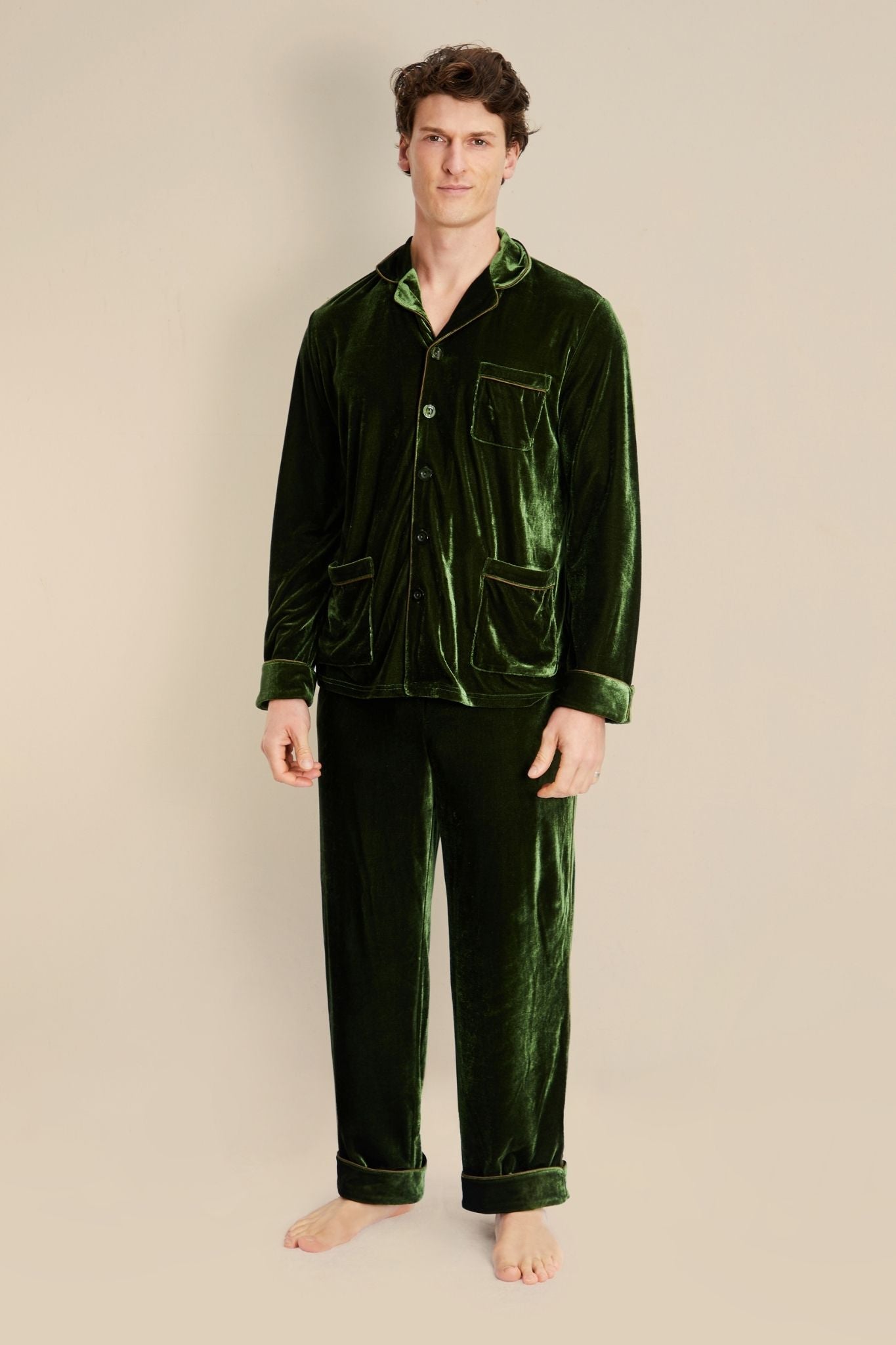 Hemes Mens Green Velvet Pyjamas - Model Front | Bown of London