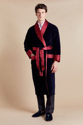 Mayfair Men's Long Velvet Smoking Jacket - Model Front | Bown of London
