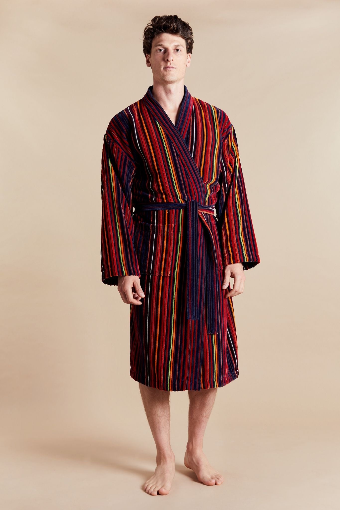 Regent Men's Striped Dressing Gown - Model Front | Bown of London