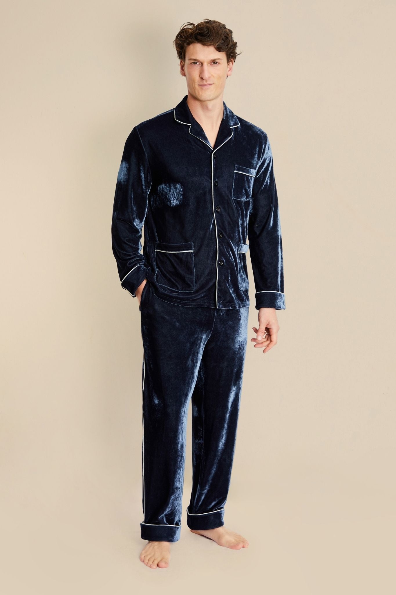 Zeus Mens Black Velvet Pyjamas - Model Front | Bown of London