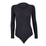 Black Classic Long Sleeve Front Zip One-Piece Swimsuit