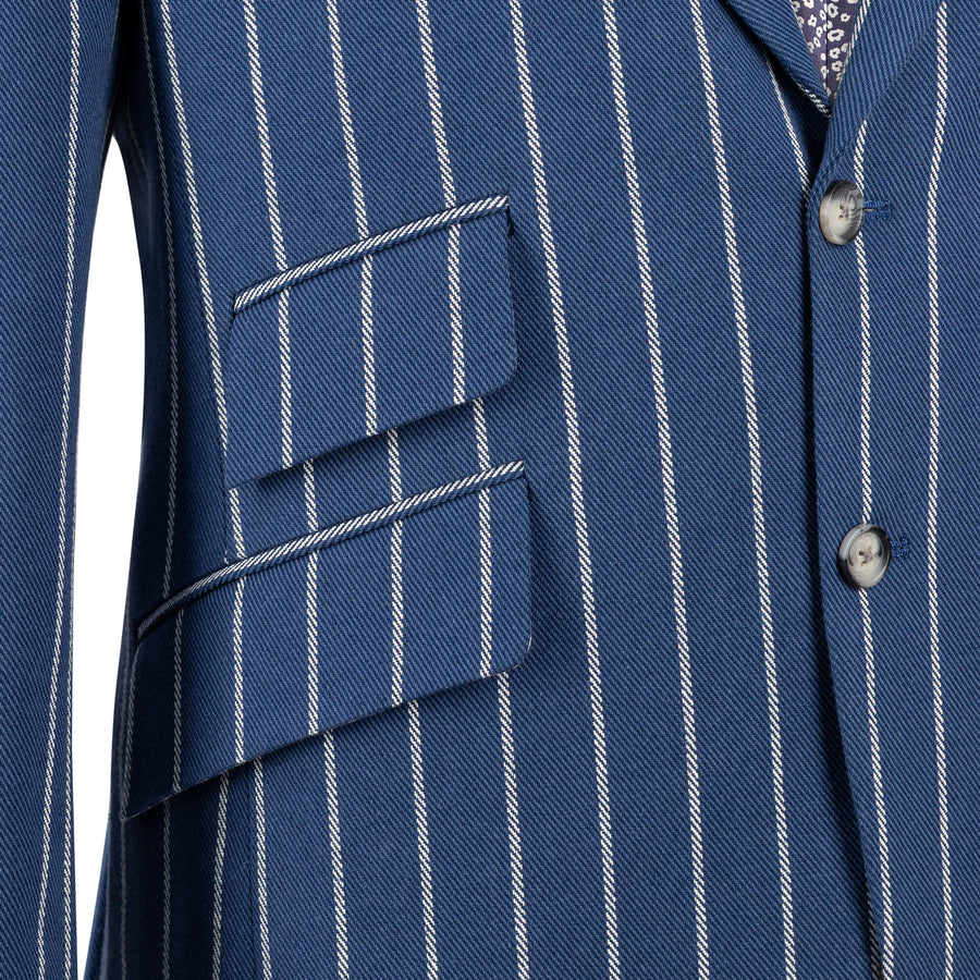 Close-up of a blue pinstripe suit jacket with buttons and pocket details.