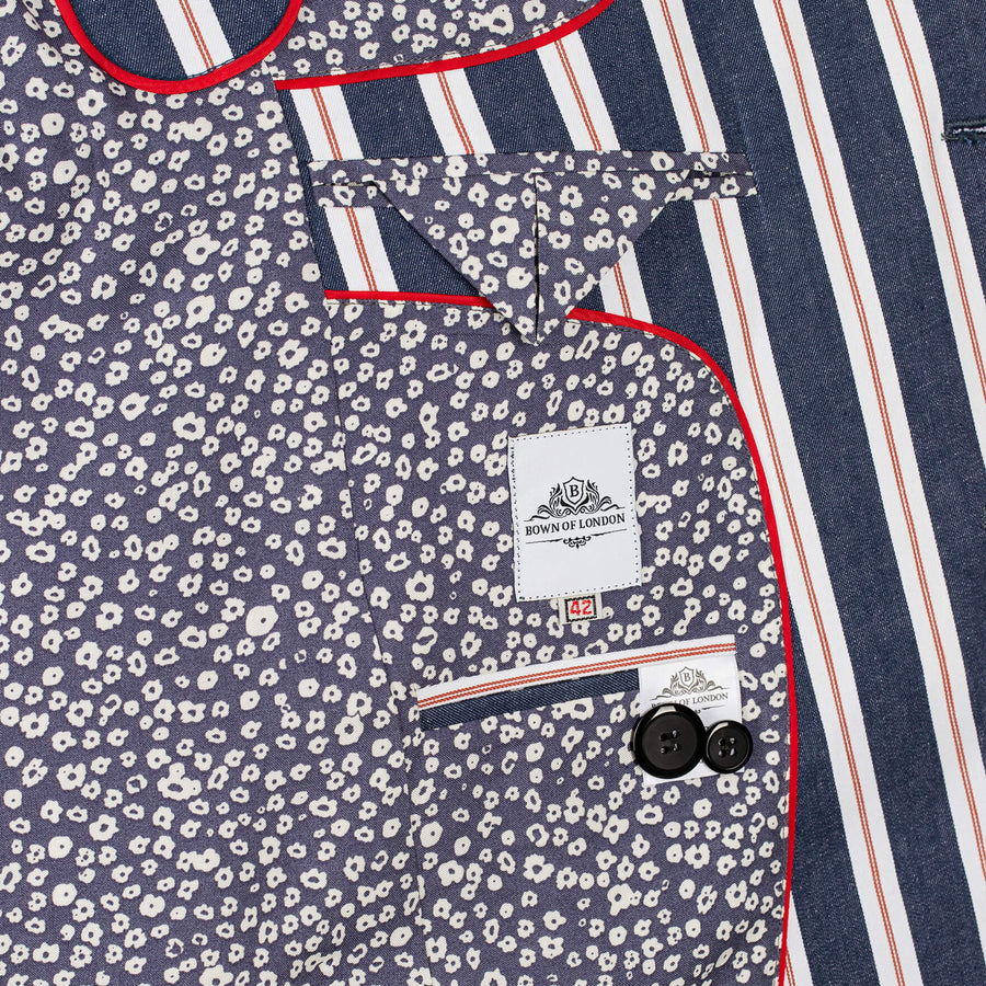 Close-up of a shirt with a patterned pocket and brand label.