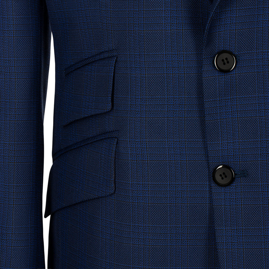 Close-up of a blue textured suit jacket with two buttons.