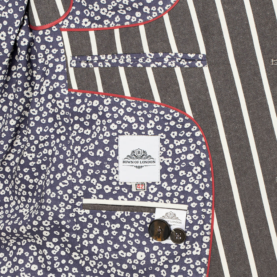 Close-up of a patterned garment with a visible brand label on a striped background