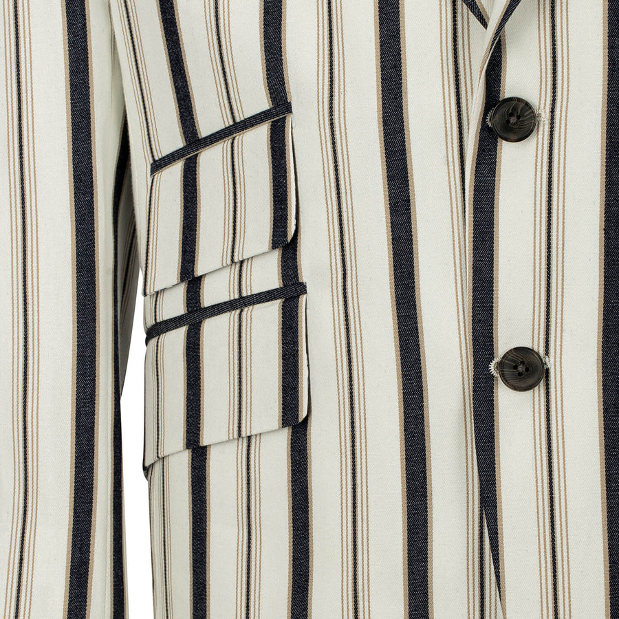 Close-up of a striped suit jacket with black and beige pattern.