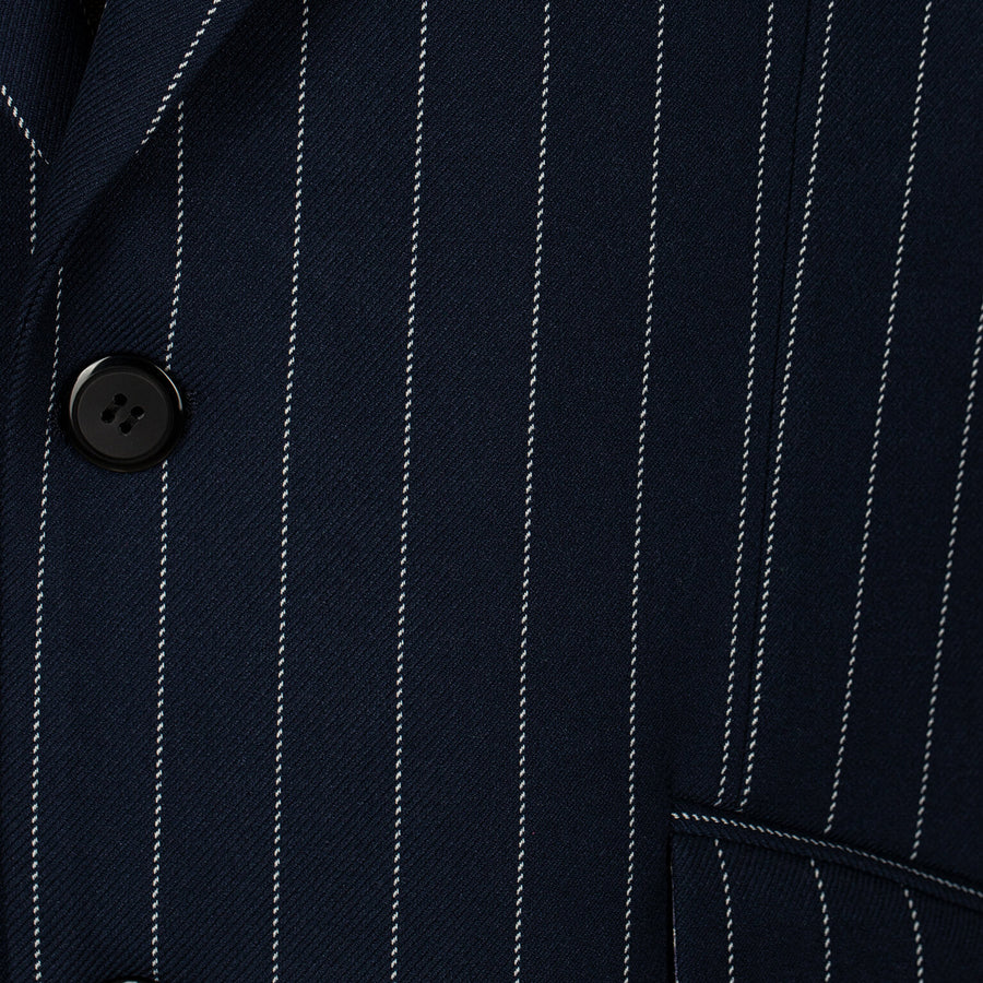 Navy pinstripe suit jacket with a button detail