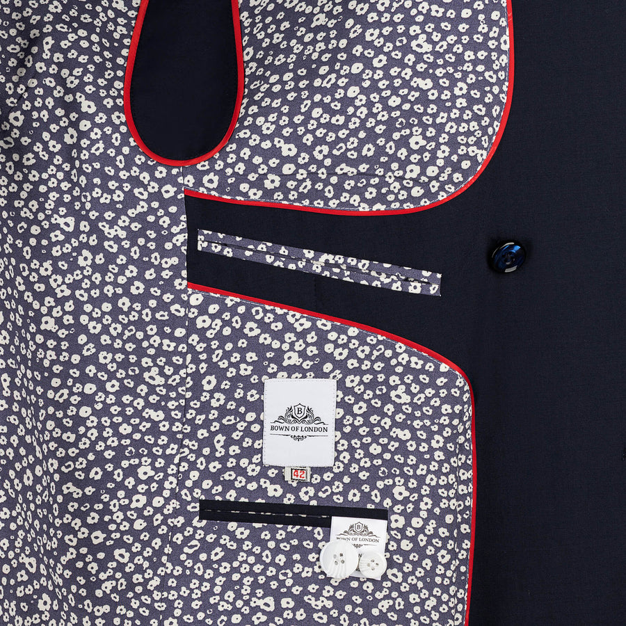 Close-up of a patterned garment with a brand label.