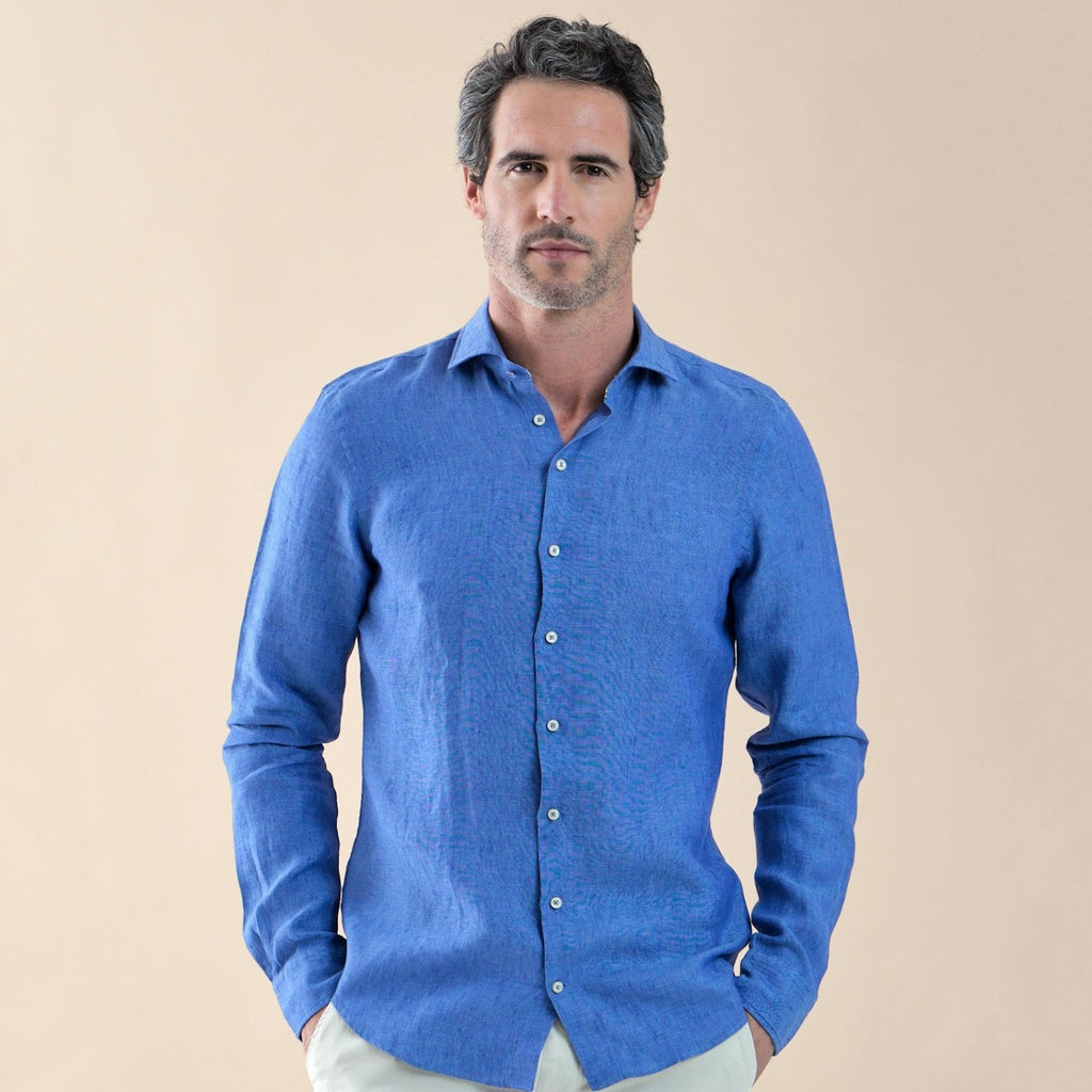 Men's Long Sleeve Button Linen Shirt - Cobalt Main Image