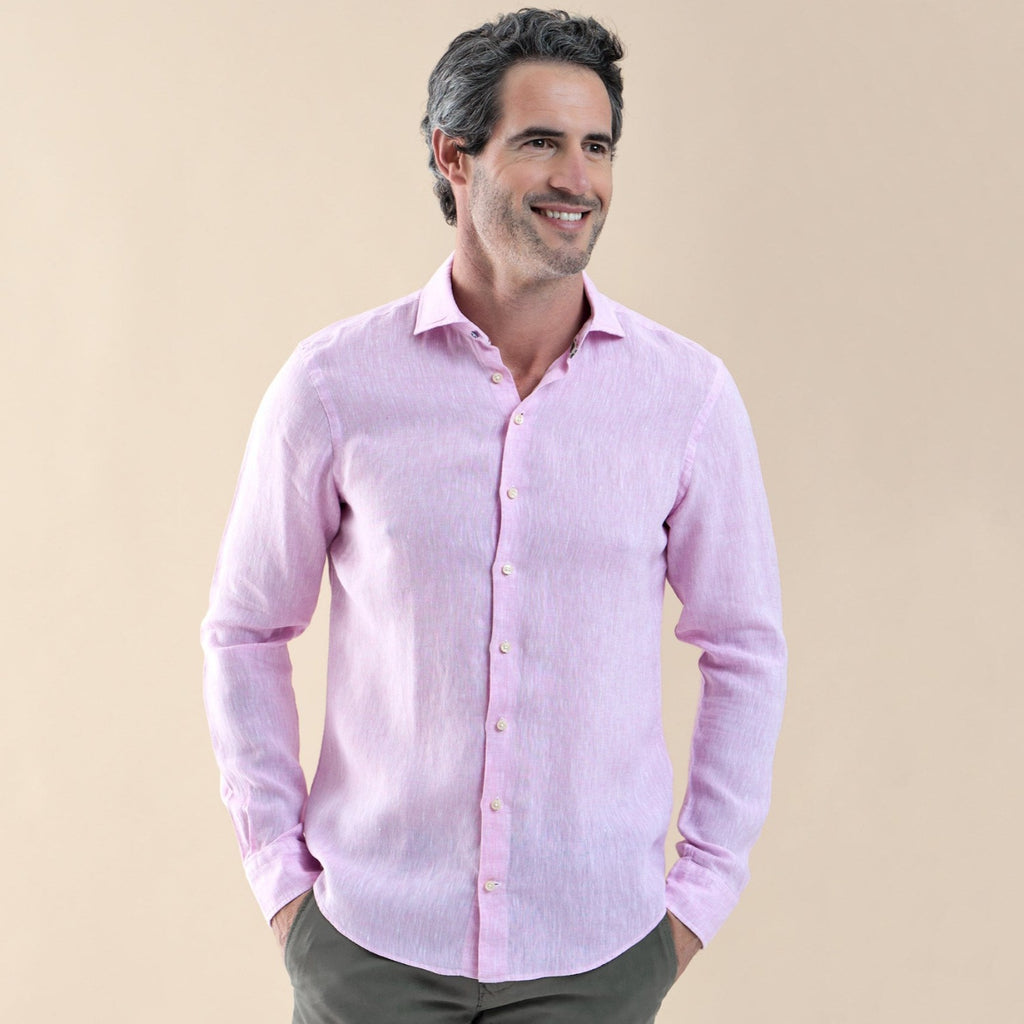 Men's Long Sleeve Button Linen Shirt - Light Pink Main Image
