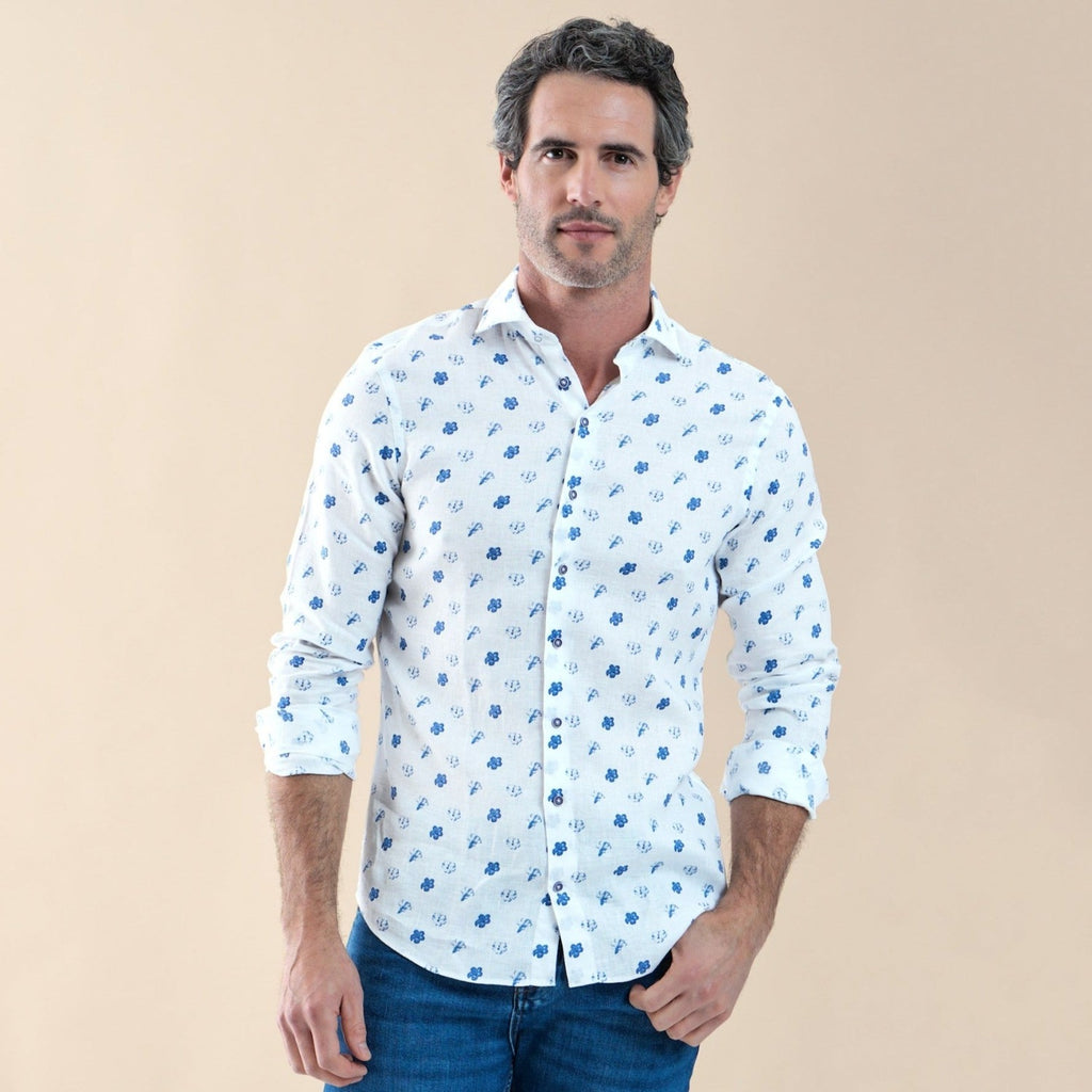 Men's Long Sleeve Button Linen Shirt - Cobalt Main Image