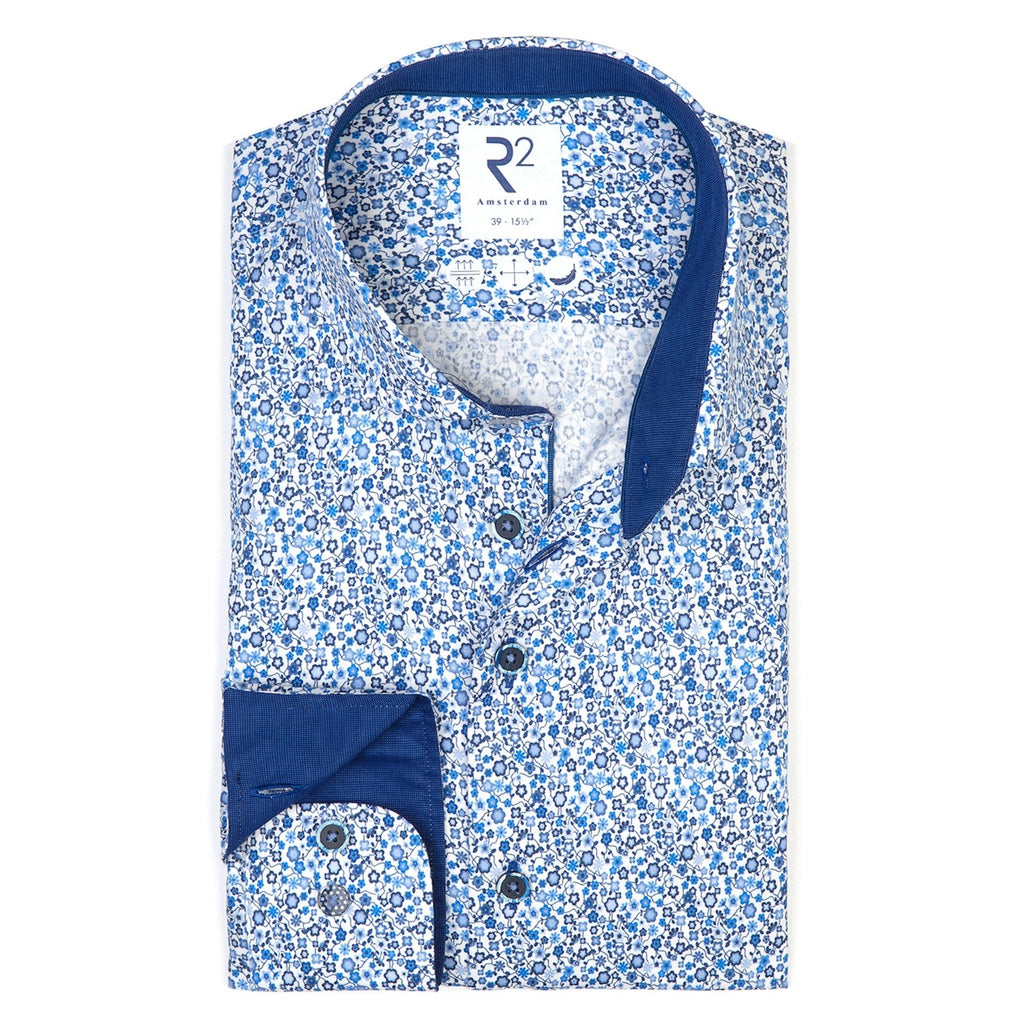 Men's Long Sleeve Button Cotton Shirt - White Floral Print Main Image