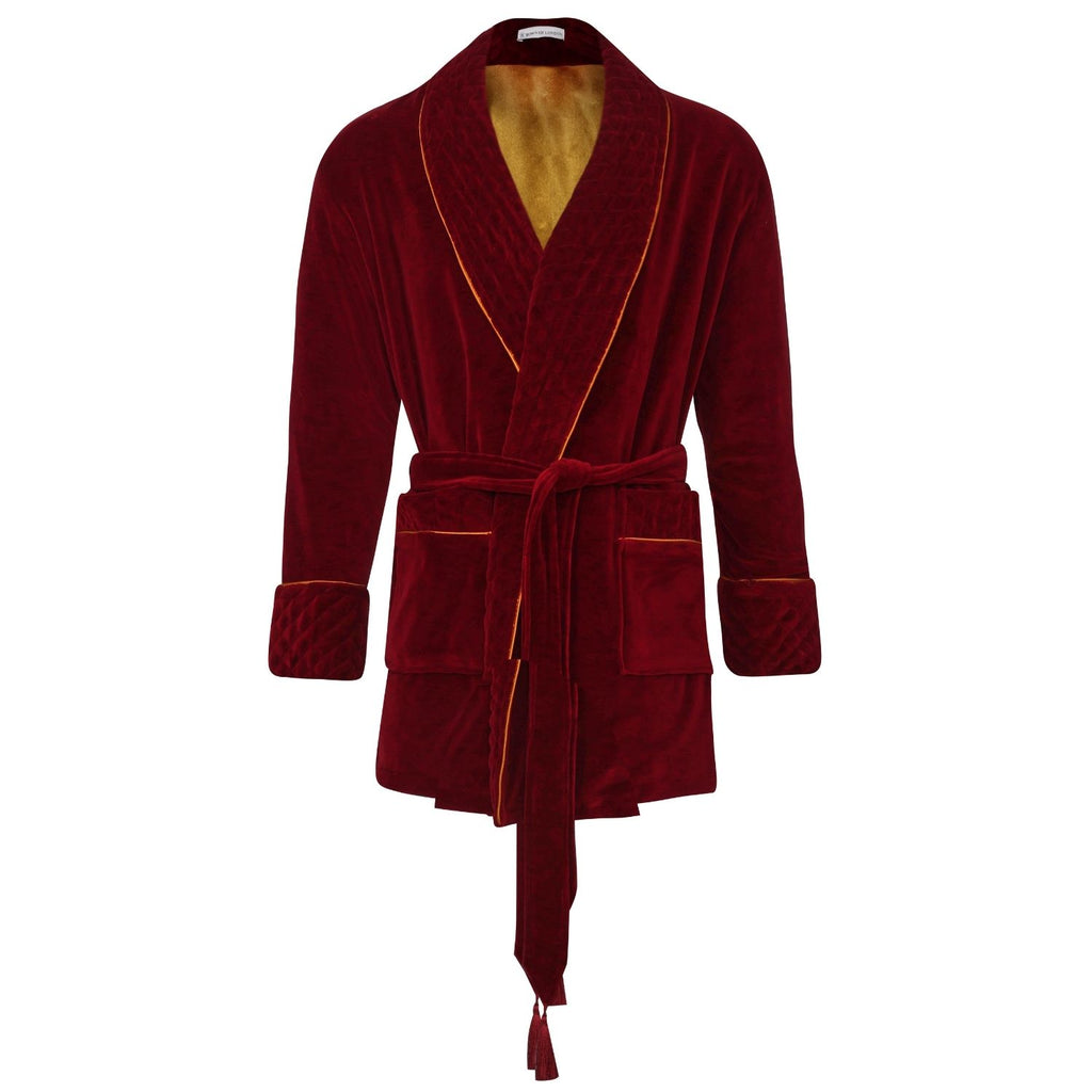 Howard Cotton Short Velvet Smoking Jacket front - Burgundy | Bown of London