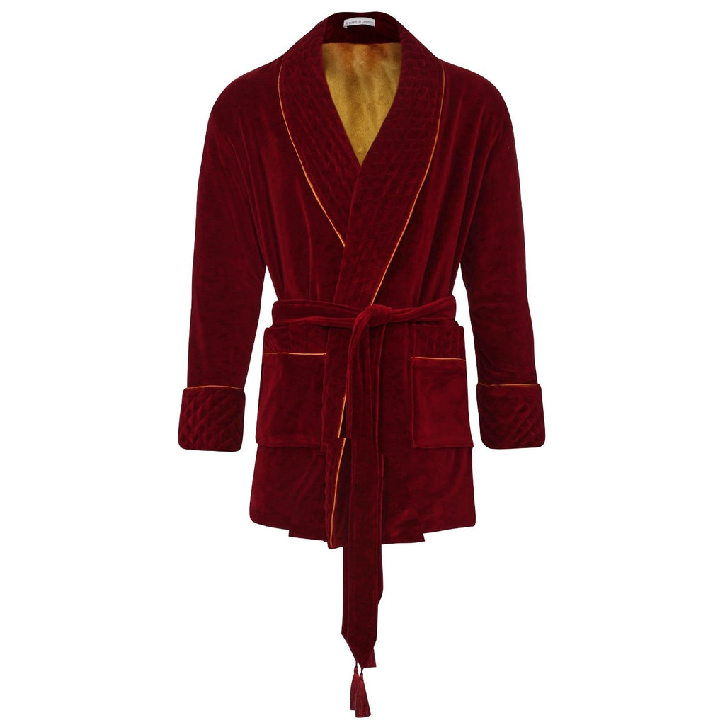 Howard Cotton Short Velvet Smoking Jacket in Burgundy