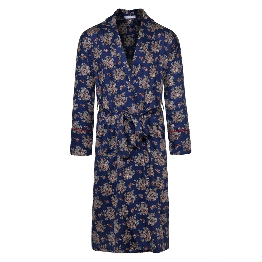 Lightweight Dressing Gown front - Gatsby Paisley Blue | Bown of London