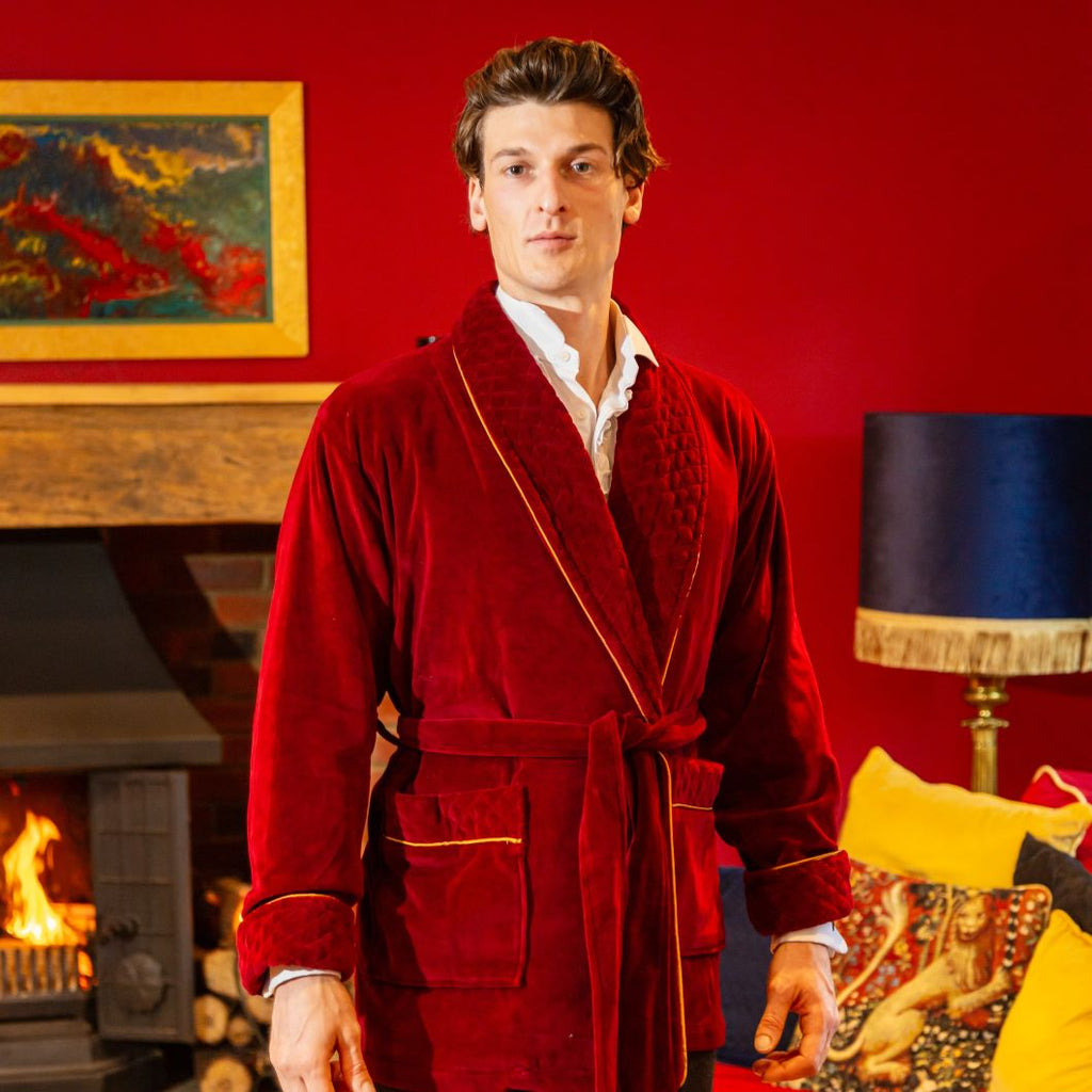 Howard Luxury Cotton Short Velvet Smoking Jacket in Burgundy Main Image