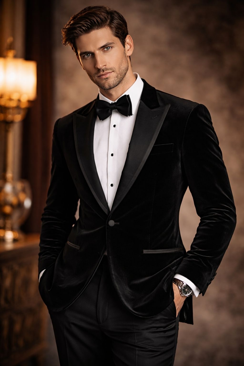 Man wearing a black velvet tuxedo with a white shirt and bow tie against a warm-toned background.