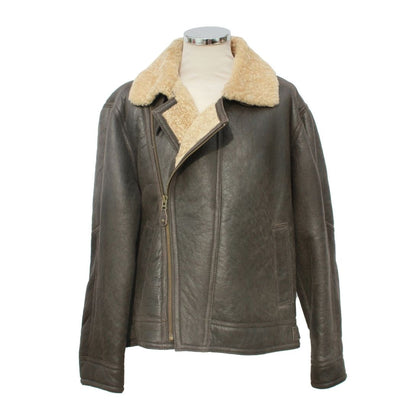 Brown leather jacket with beige fur collar on a mannequin against a white background