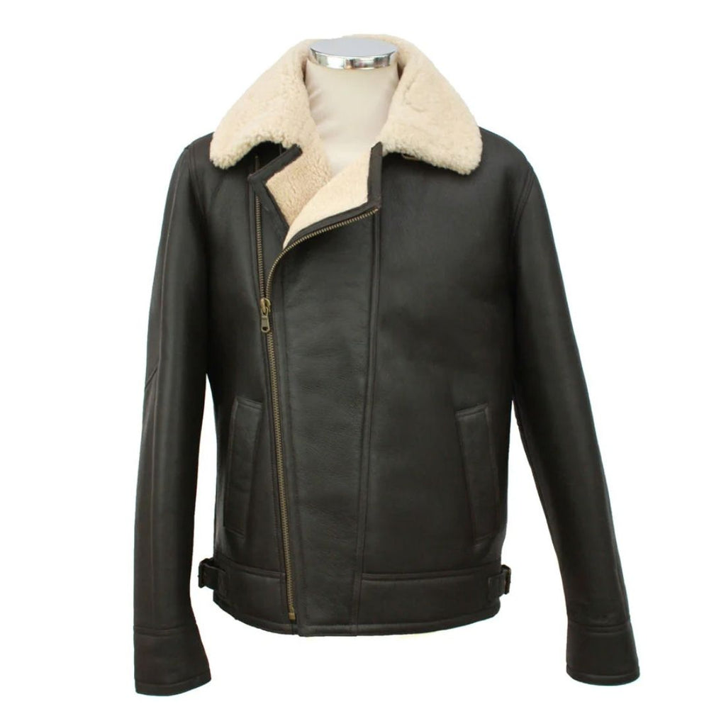 Black leather jacket with cream fur collar on a white background