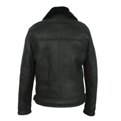 Black leather jacket with shearling collar on a white background
