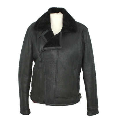 Black leather jacket with fur collar on a mannequin against a white background