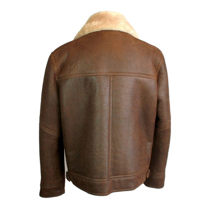 Brown leather jacket with beige fur lining on a white background
