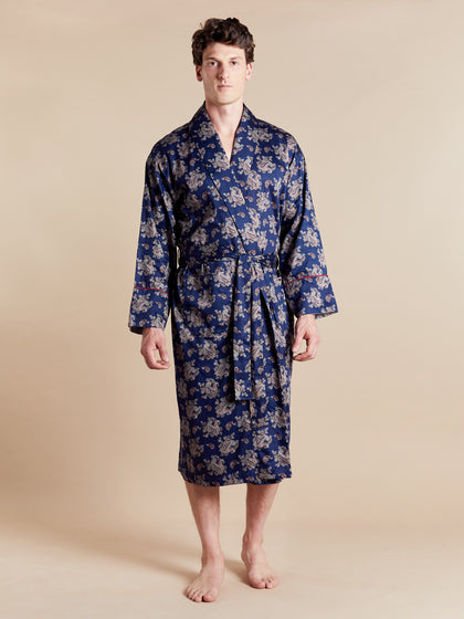 Lightweight Men's Dressing Gown model front - Gatsby Paisley Blue | Bown of London
