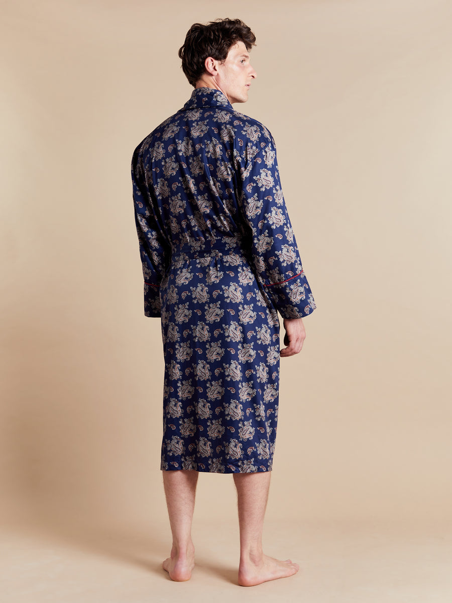 Lightweight Men's Dressing Gown model back - Gatsby Paisley Blue | Bown of London