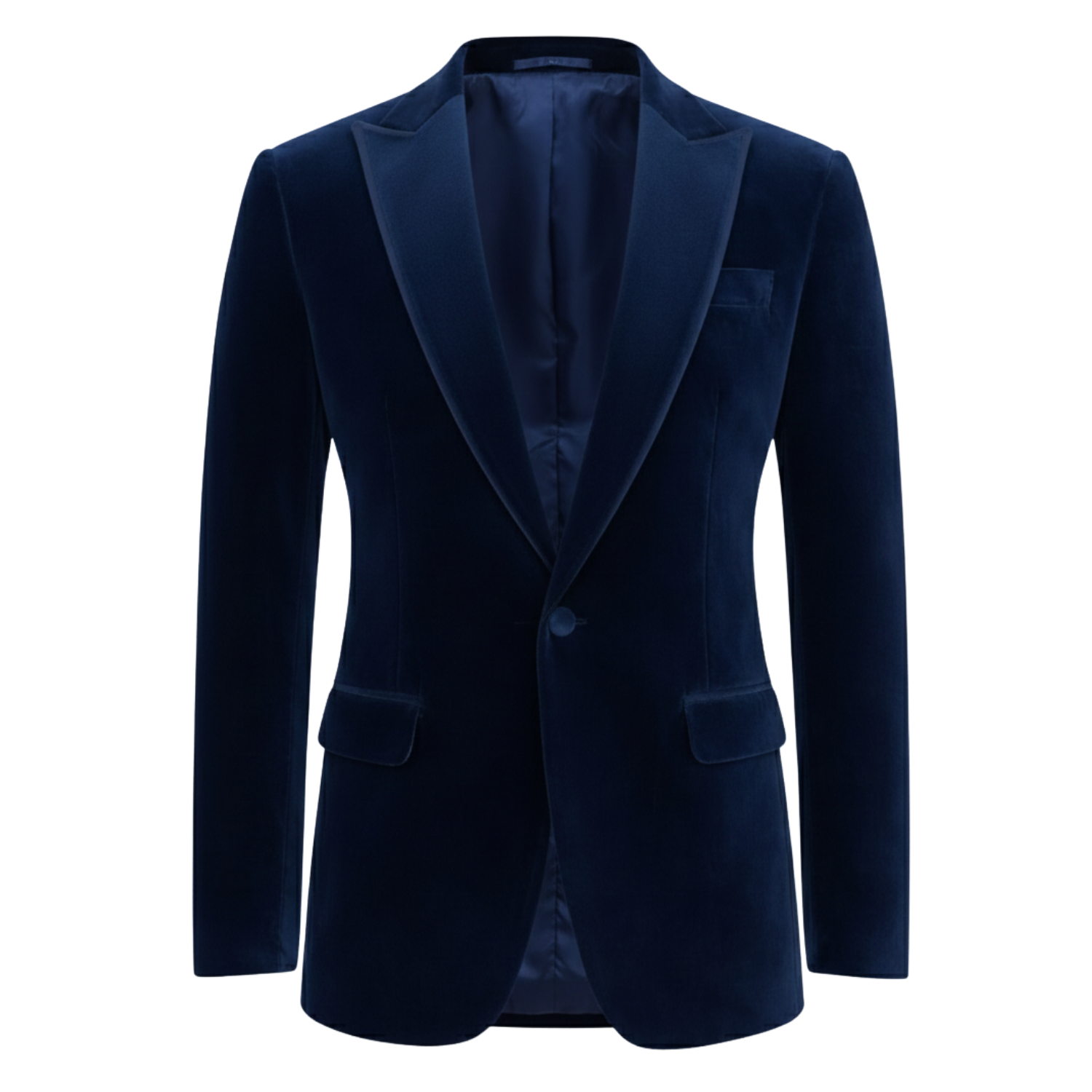 Navy blue velvet blazer on a white background