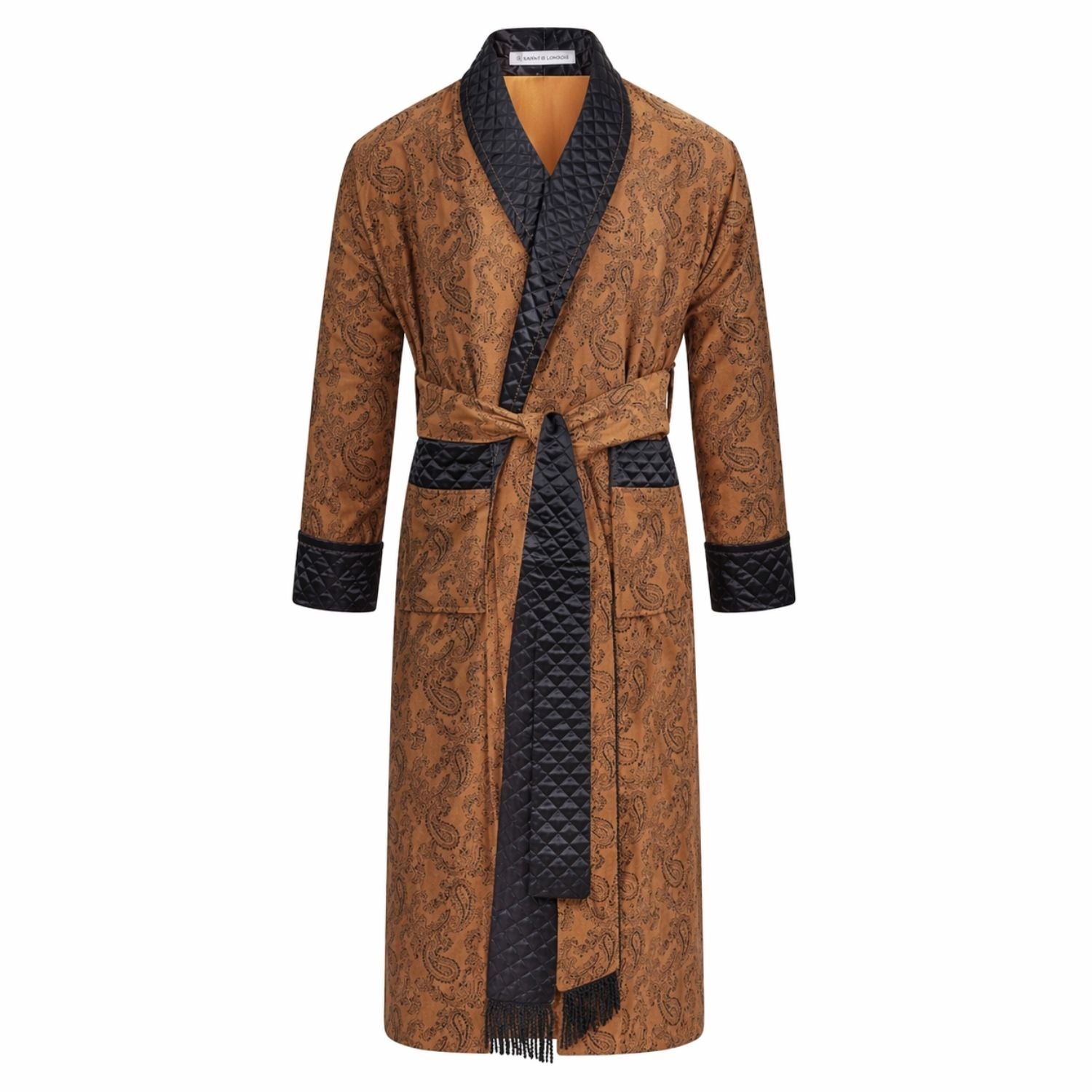 Gold patterned robe with black accents on a white background