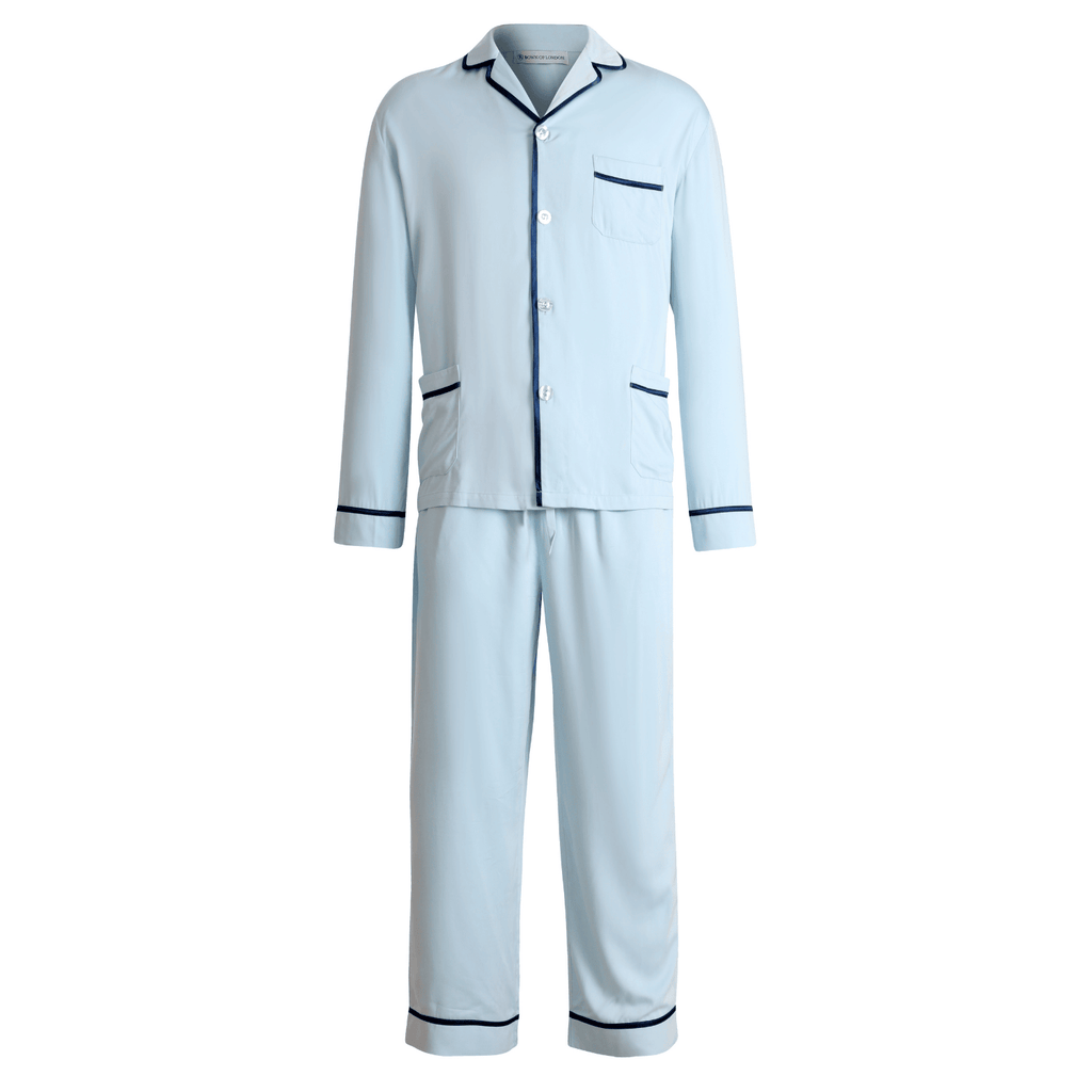 Hades Mens Light Blue Satin Pyjamas - Front | Bown of London