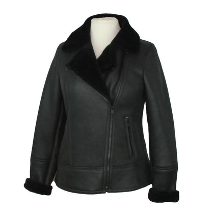 Black leather jacket with fur collar on a mannequin against a white background