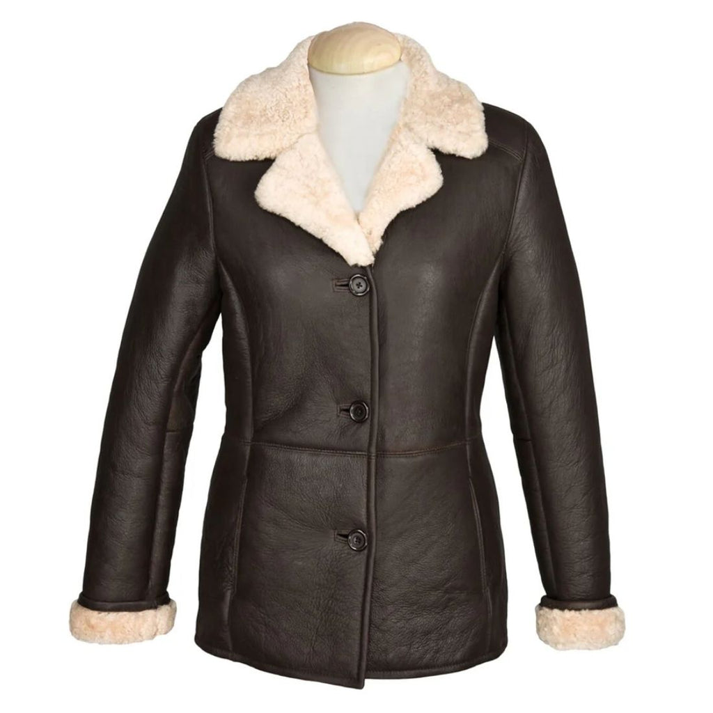 Brown leather coat with white fur collar and cuffs on a mannequin against a white background