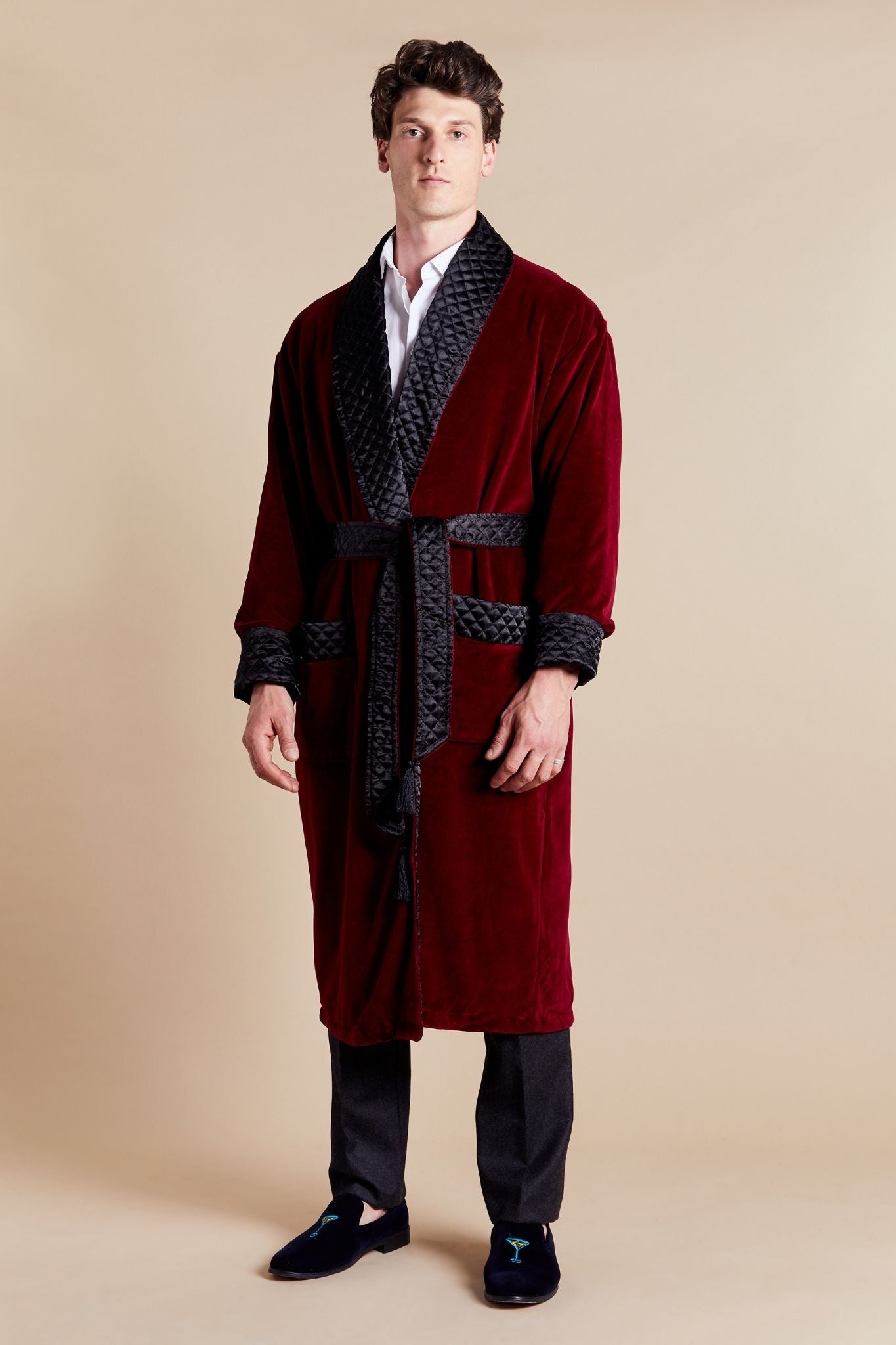 Astor Luxury Cotton Long Velvet Robe in Burgundy | Bown of London