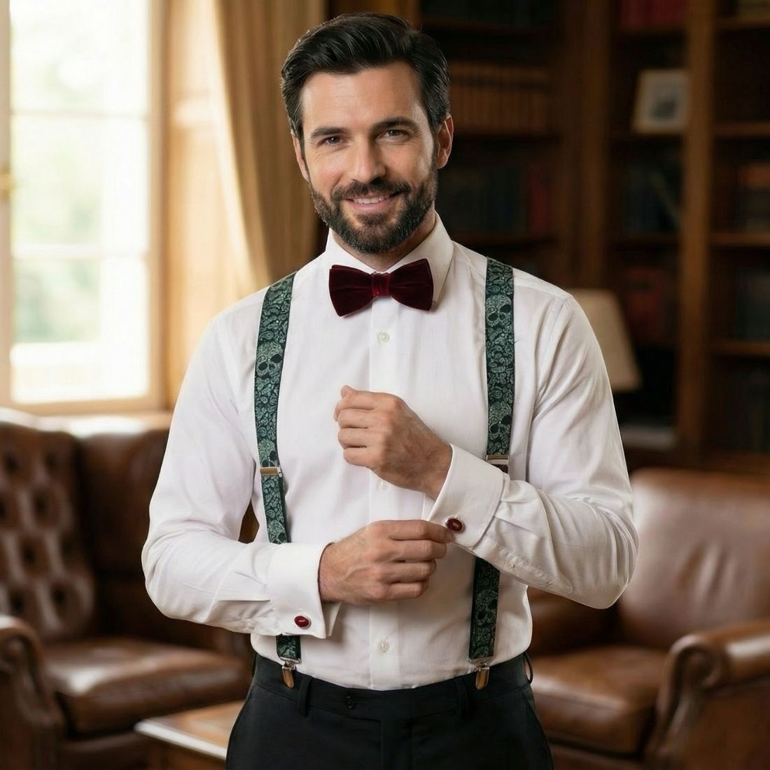 Man wearing a white shirt, red bow tie, and green suspenders in a room with brown leather furniture.