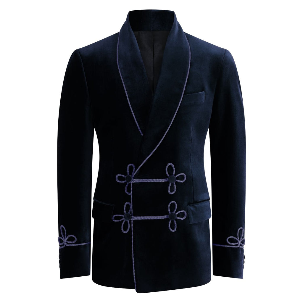 Navy Velvet Jacket with Frog Fasteners Front