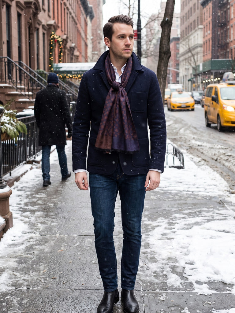 Bromley navy and burgundy silk scarf worn with a navy coat on a snowy city street