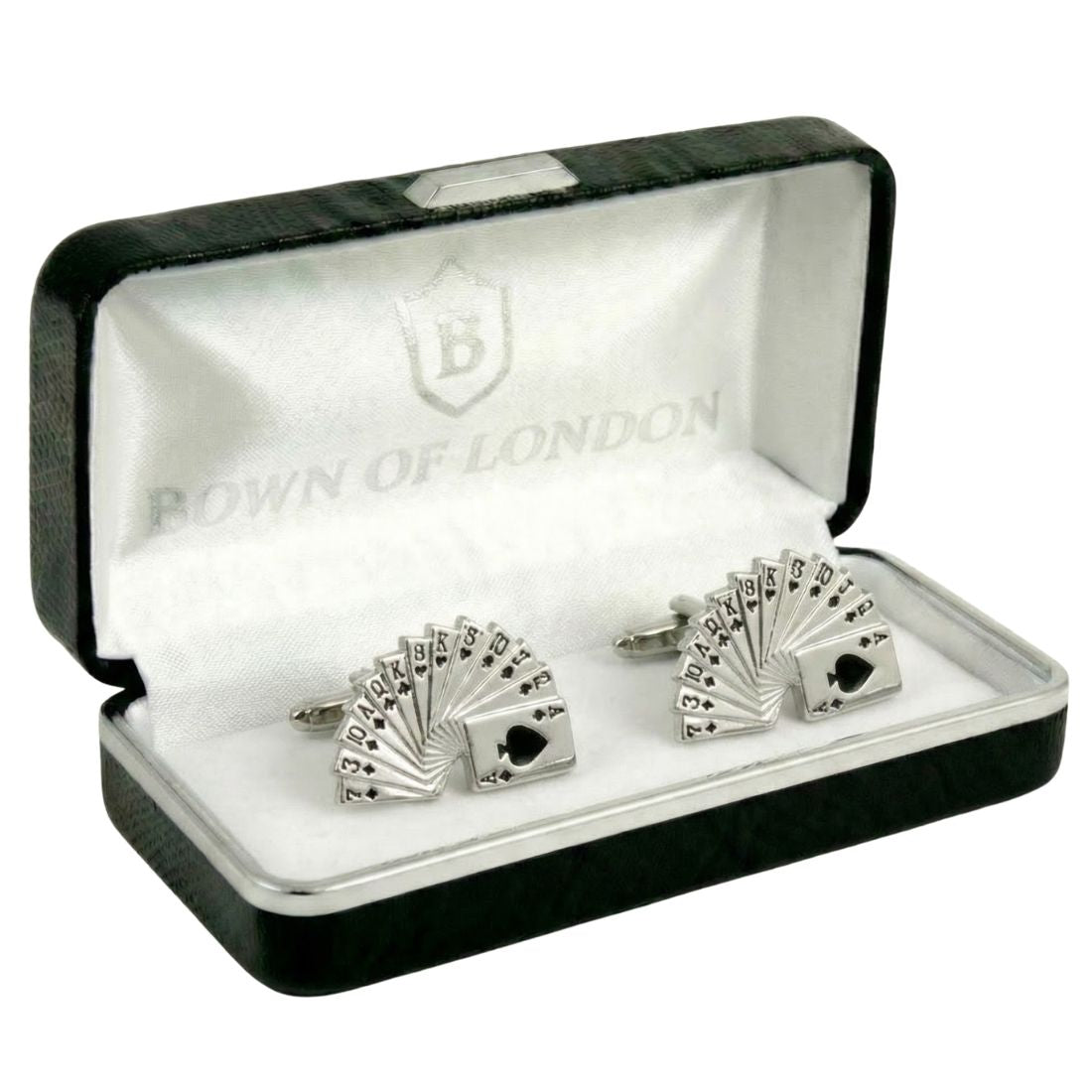 Silver playing card suit cufflinks in a 'Bown of London' box