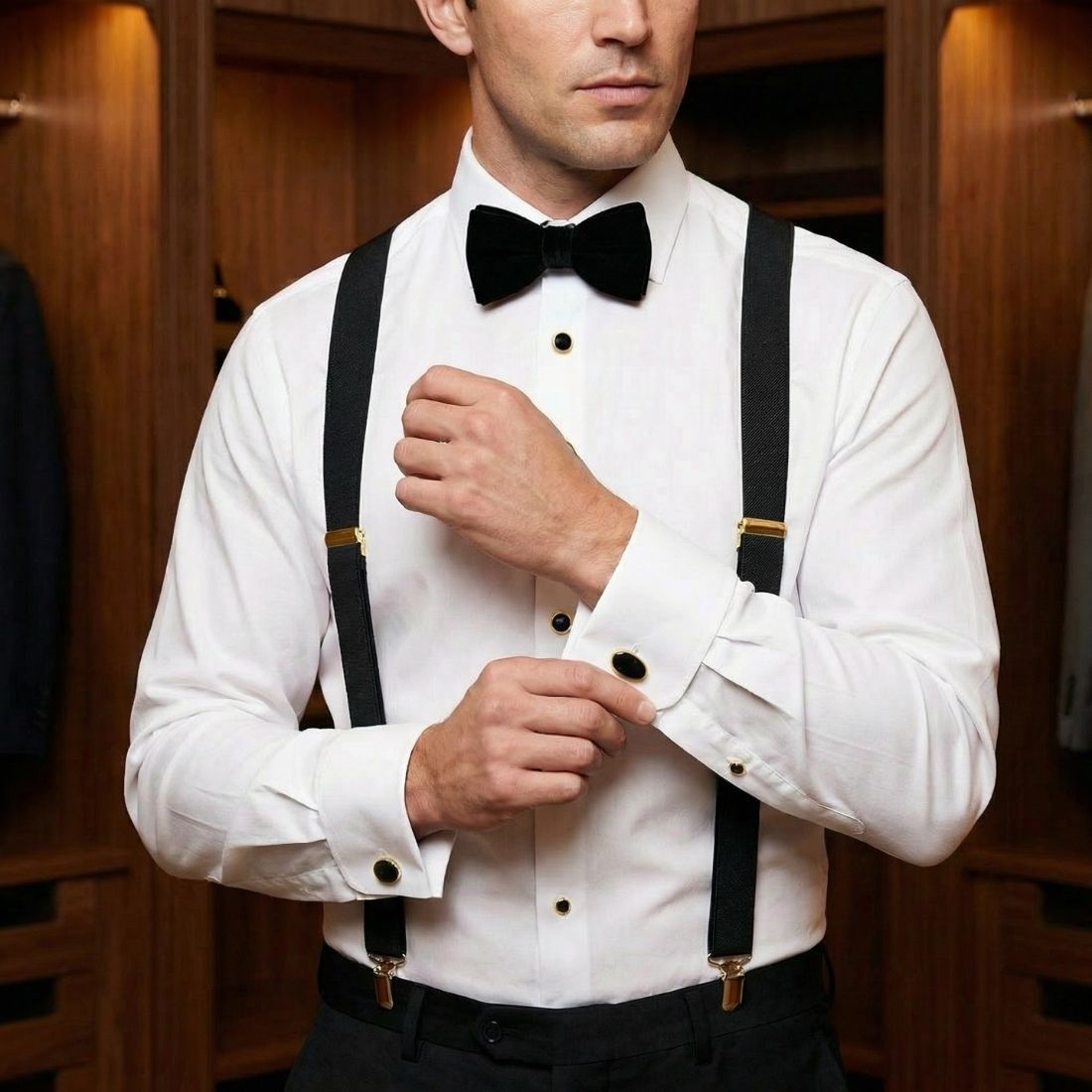 Man wearing a white shirt with black suspenders and bow tie in a wooden room.