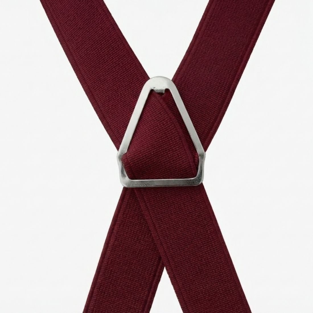 Maroon suspenders with a silver clip on a white background